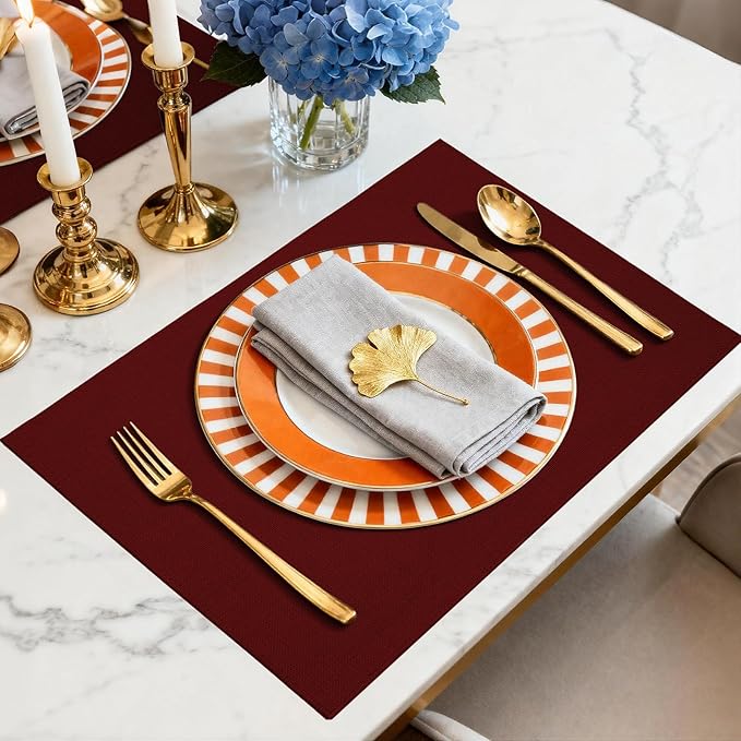 Placemats Set of 6 Linen Type Fabric Cloth Placemats, 18x12 Inch Double Layered Thick Wrinkle Free Heat Resistant Table Place, for Dining, Kitchen, Party (45 * 30cm, Burgundy)