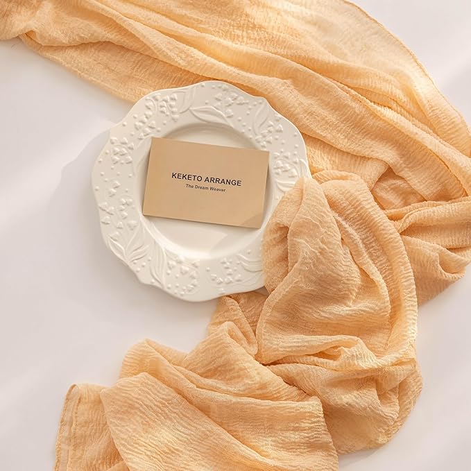 Keketoarrange 6pcs Deep Beige Cheesecloth Table Runner Rustic Boho Butter Gauze 120 Inch 10 FT Cheese Cloth for Wedding Baby Bridal Shower Birthday Engagement Party Long Sheer Spring Home Decorations
