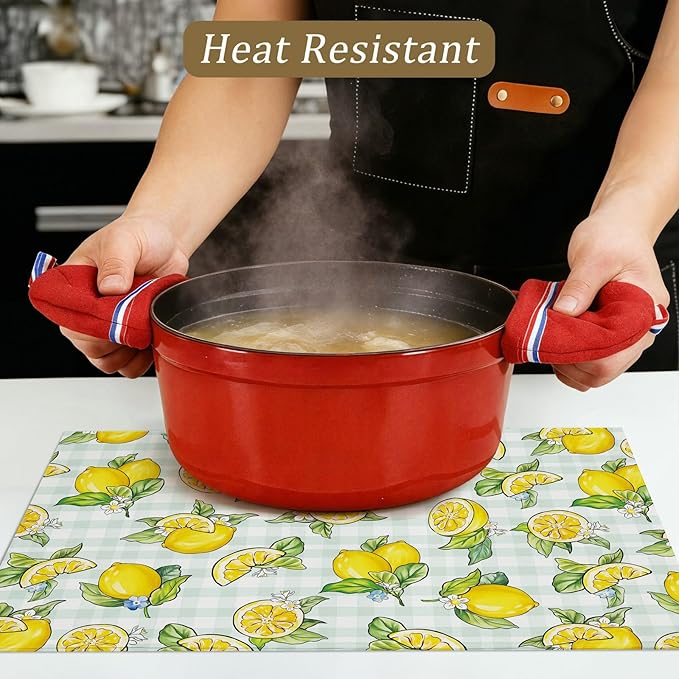 comfoyar Summer Lemon Placemats Set of 4, 12x18 Inch Non-Slip Linen Flower Leave Place Mats, Washable Absorbent Plaid Table Mats for Kitchen Dining Party Table Decoration