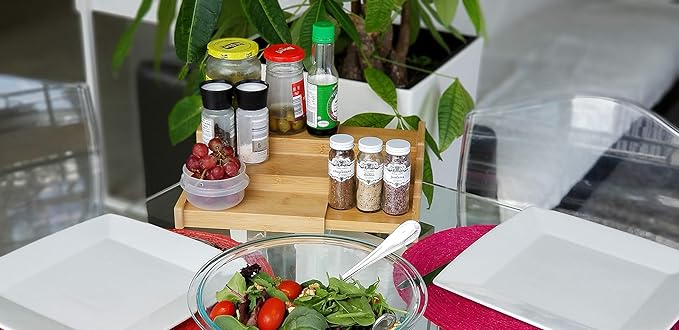 Lustiger Chef Spice Rack Organizer for Cabinet, Expandable Natural Bamboo Desk Shelf, 3-Tier Adjustable Spice Rack, Storage and Seasoning Shelf Organizer for Kitchen Countertop Pantry Tabel