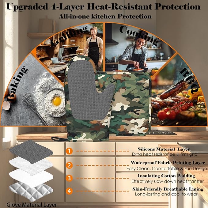 Green Camouflage Oven Mitt and Pot Holder with Silicone Heat Resistant Kitchen for Cooking BBQ Baking Grilling Cooking Protection