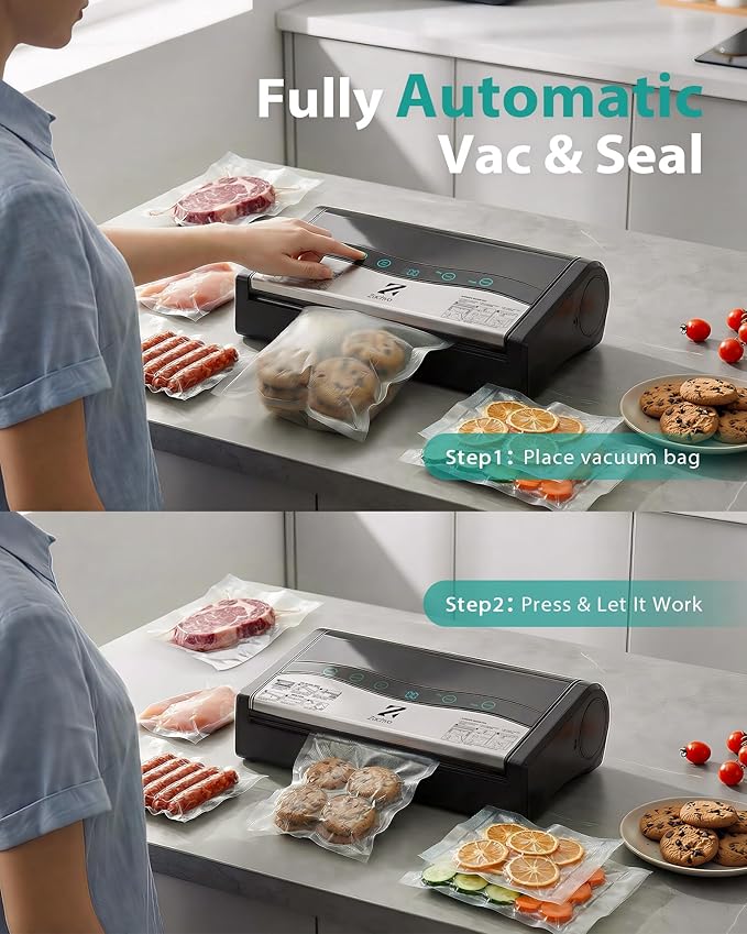 90kPa Vacuum Sealer Machine, Automatic Food Sealer with Double Heat Seal Option, Dry & Moist Modes, Built-in Cutter and Bag Storage, Starter Kit with Bag Rolls and Hose, Black