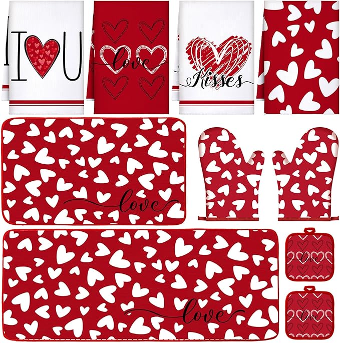 VitalCozy 10 Pcs Valentine's Day Kitchen Decor Set Heart Kitchen Towels and Rugs Oven Mitts and Pot Holders Set Absorbent Tea Hand Towels for Chef Baking Cooking Grilling BBQ Gift
