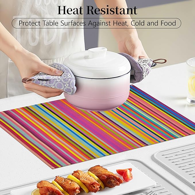 Bloss Mexican Placemats Set of 4, Linen Woven Rainbow Place Mats for Kitchen Table Indoor/Outdoor, 12" x 18" Washable Placemat Dining Table Mats