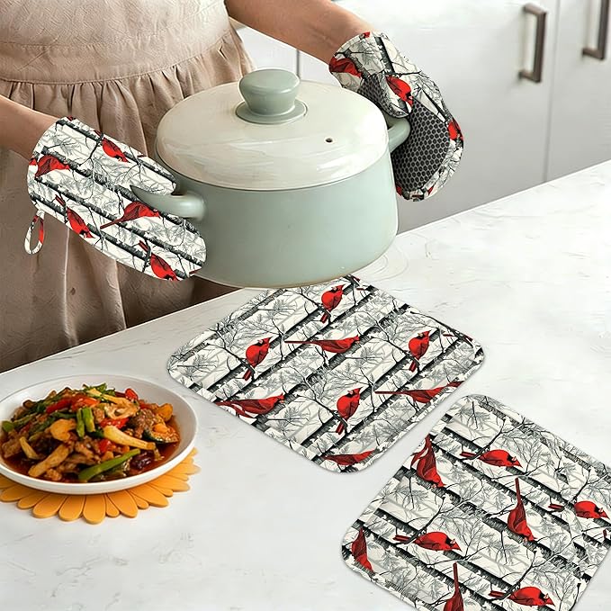 Red Cardinal Birds Oven Mitts and Pot Holders Set of 4,Kitchen Glove Heat Resistant Oven Mitts with Non-Slip Silicone for Baking, Cooking, BBQ