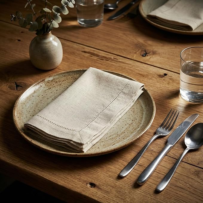 Flax Hemstitchend Cloth Dinner Napkin Set of 4 Natural 20x20 Inches, Decorative Premium Cotton Linen Dinning Table Napkins Ideal for Spring, Easter, Cocktail | Washable Kitchen Napkin for Home Décor
