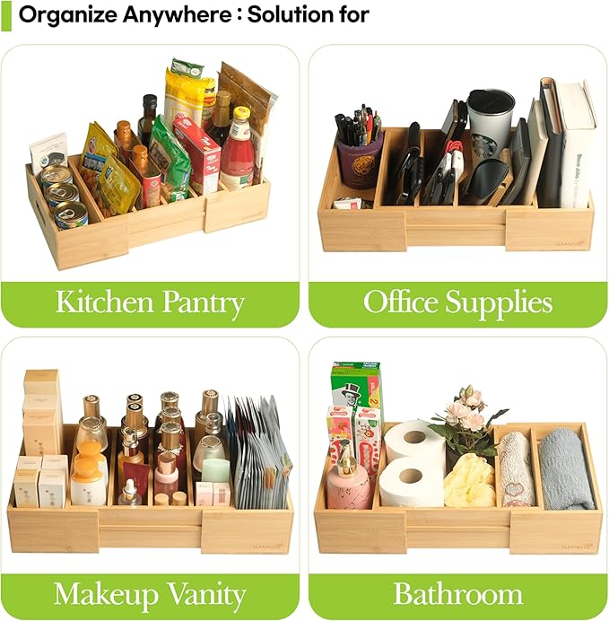 CLEANCLUE Expandable Kitchen Cabinet Organizer for Food Storage Container Lids, Bamboo Drawer Caddy Adjustable Dividers, Box for Kitchen Storage and Organization, Lids Organizer for Cabinet (Natural)