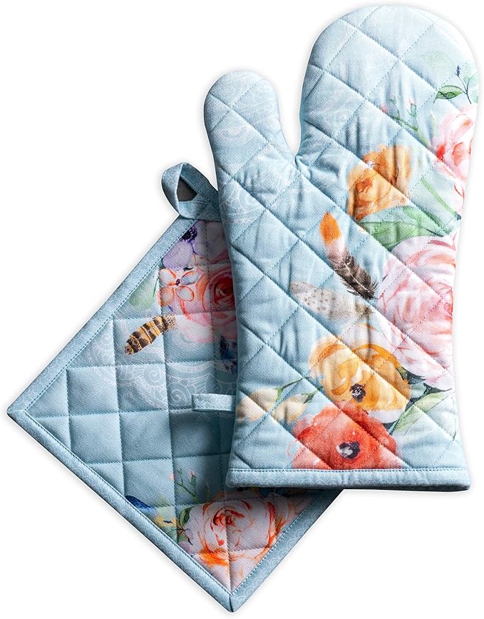 Maison d' Hermine 100% Cotton Oven Mitt & Pot Holder Set (7.5"x13" & 8"x8") Heat Resistant BBQ Cooking Gloves with Loop Baking Grilling Kitchen Gifts for Mothers Day Spring/Summer (Ibiza - Blue)