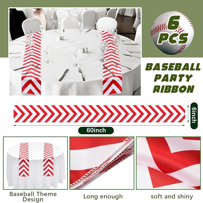 Mindsoft Baseball Table Runner Baseball Ribbon Table Cloth Runner Sports Red White Chevron Rectangular Runner for Baseball Party Decor Dining Room Kitchen Holiday (6, 60 x 6 Inch)