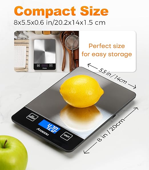 Atogou Food Scale - 33lb Digital Kitchen Scale Ounces Grams, Rechargeable & Full-View Display, Water-Resistant, Batteries or USB-C Charging, Stainless Steel, for Cooking, Meal Prep, Package (Grey)