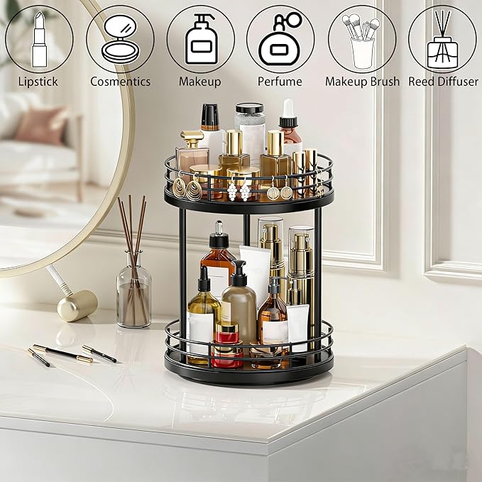 Bathroom Organizer Countertop,2 Tier Rotating Makeup Organizer Countertop for Vanity,Wooden Bathroom Counter Storage Shelf,Lazy Susan Turntable for Perfume,Skincare,Cosmetic (Black)
