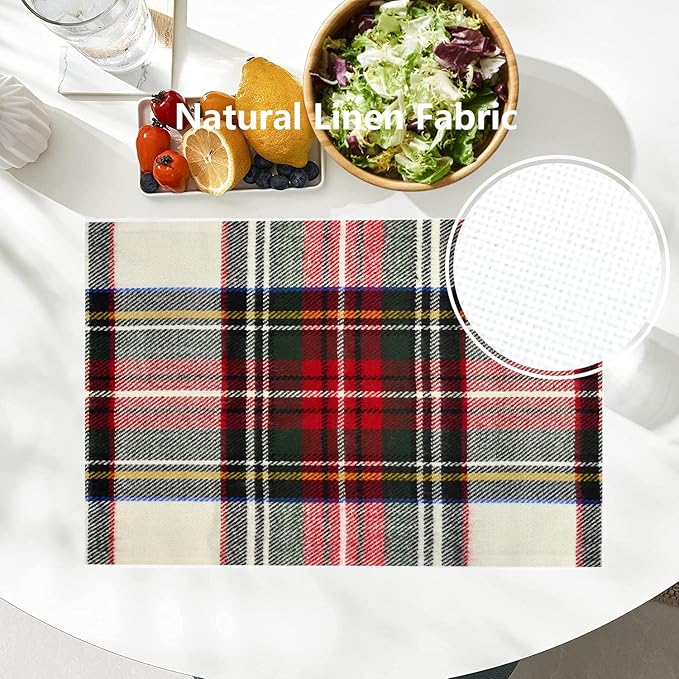 Batmerry Scottish Tartan Placemats,Square Green Wool Plaid Washable Linen Table Mats for Kitchen Table Double Insulation Decor Dining Set Indoor Outdoor 12X18 in Set of 4