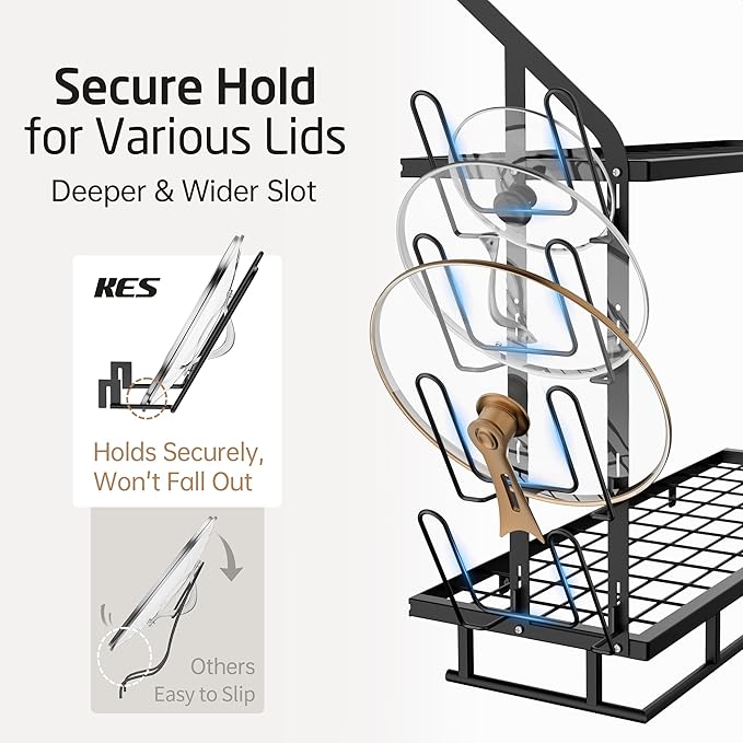 KES 30-Inch Pot Rack Wall Mounted with 8 Secure Lid Holders & 12 Sturdy Hooks, 2-Tier Kitchen Hanging Pot and Pan Organizer, Ample Storage for Tall Cookware, KUR215S75C-BK