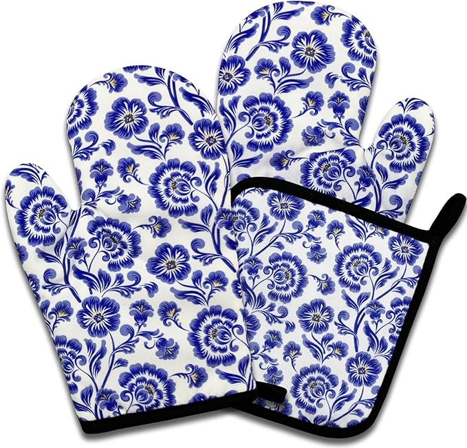 Funny Chinoiserie Floral Oven Mitts and Pot Holders Set of 3, Blue and White Porcelain, Heat Resistant Non-Slip Kitchen Mitts Hot Pads, Kitchen Decor Gifts for Women Baker Chinoiserie Lover