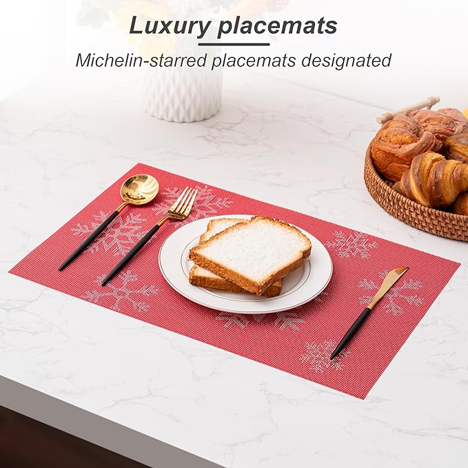 CADONO Placemats Set of 4 Washable Indoor/Outdoor Vinyl Place Mats for Dining Table Durable Non-Slip Heat Resistant PVC Weave Table Mats（Christmas Snow-Red）