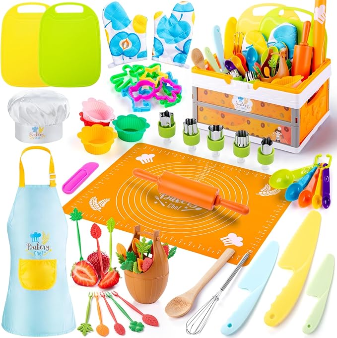 EFO SHM 52 PCS Kids Cooking Sets, Montessori Pretend Play Kitchen Toys for Real Cooking Baking, Toddler Knife Set with Chef Hat & Apron, Kids Baking Set for Boys Girls Christmas Birthday Gift