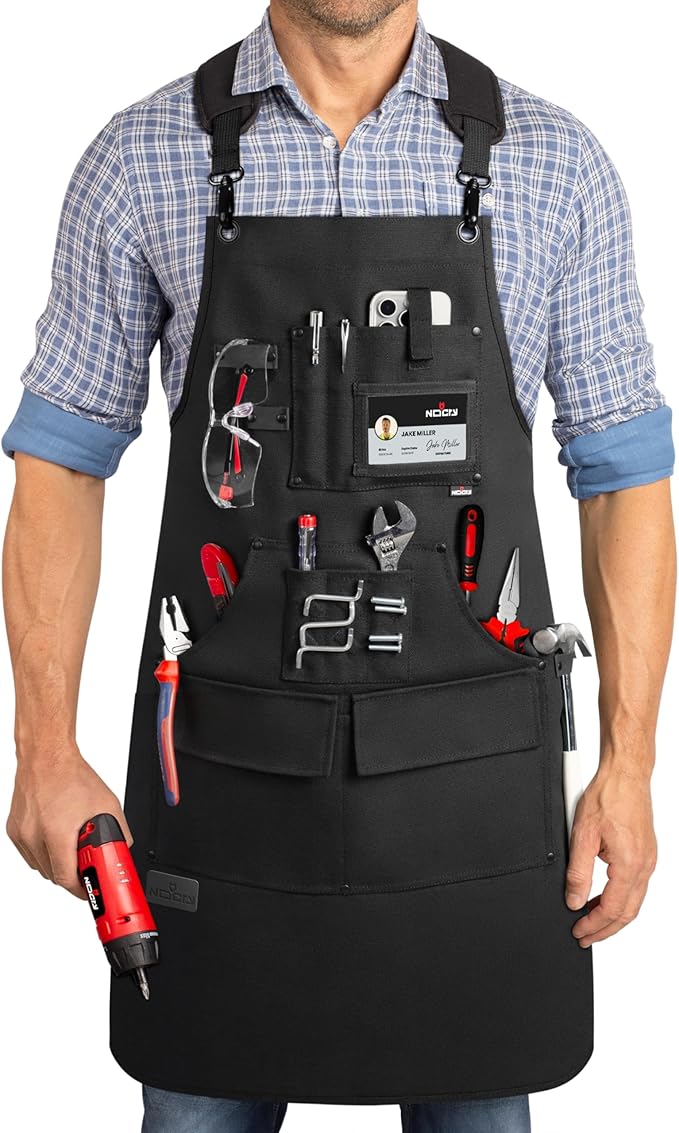 NoCry Woodworking Apron for Men — Reinforced Pockets with Metal Rivets, Magnetic Holder & Leather Tool Loops — Shop Aprons for Men with Cross-Back Straps, Non-Slip Shoulder Pads & Quick-Release Buckle