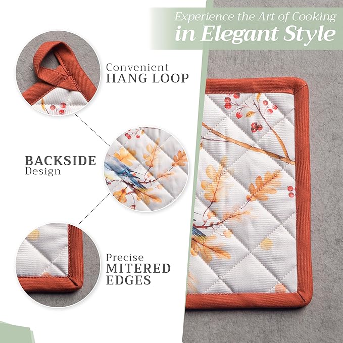 Maison d' Hermine 100% Cotton Oven Mitt & Pot Holder Set (7.5"x13" & 8"x8") Heat Resistant BBQ Cooking Gloves with Loop for Thanksgiving Christmas Decorations Handling Hot Pans (Oak Leaves)