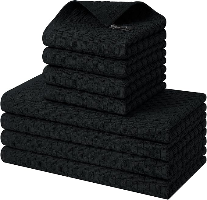 Homaxy 100% Cotton Kitchen Towels and Dishcloths Set, 12 x 12 & 15 x 25 Inches, Set of 8 Bulk Terry Cloth Dish Towels, Super Soft and Absorbent Hand Towel with Hanging Loop, Black