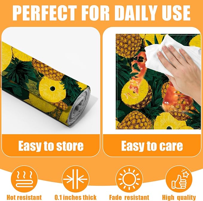Pineapple Hawaiian Tropical Placemats Set of 6,12 x 18 Inch Table Mats Washable Heat Resistant Linen Fabric Rectangle Place Mat for Party Home Kitchen Dining