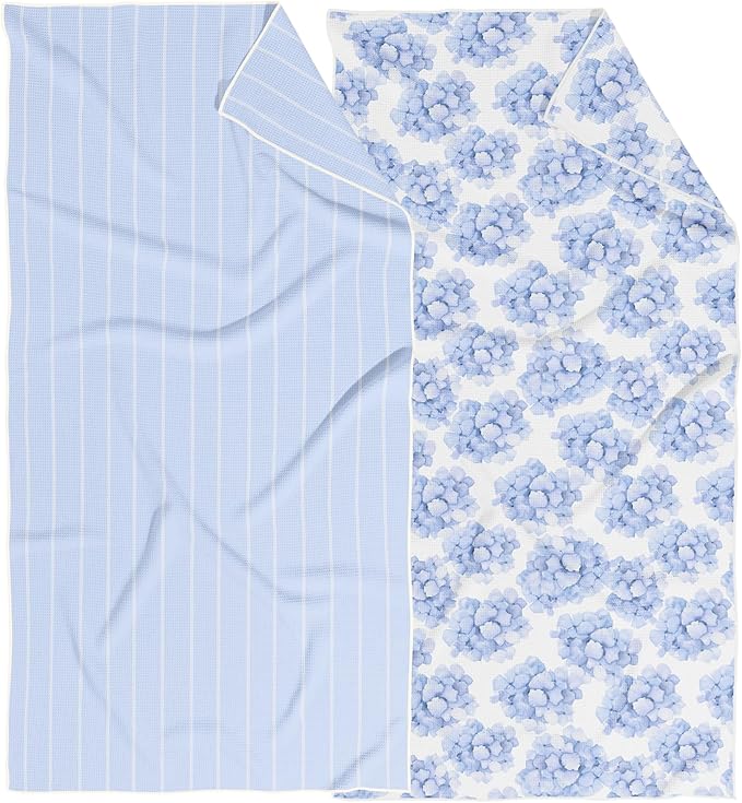HALL & PERRY Kitchen Tea Towel, Ultra Soft, Quick Dry Microfiber Dish Cloths - 18"x30" Premium Quality Waffle Towel - Stripes and Flowers, Blue (2, Sammie)