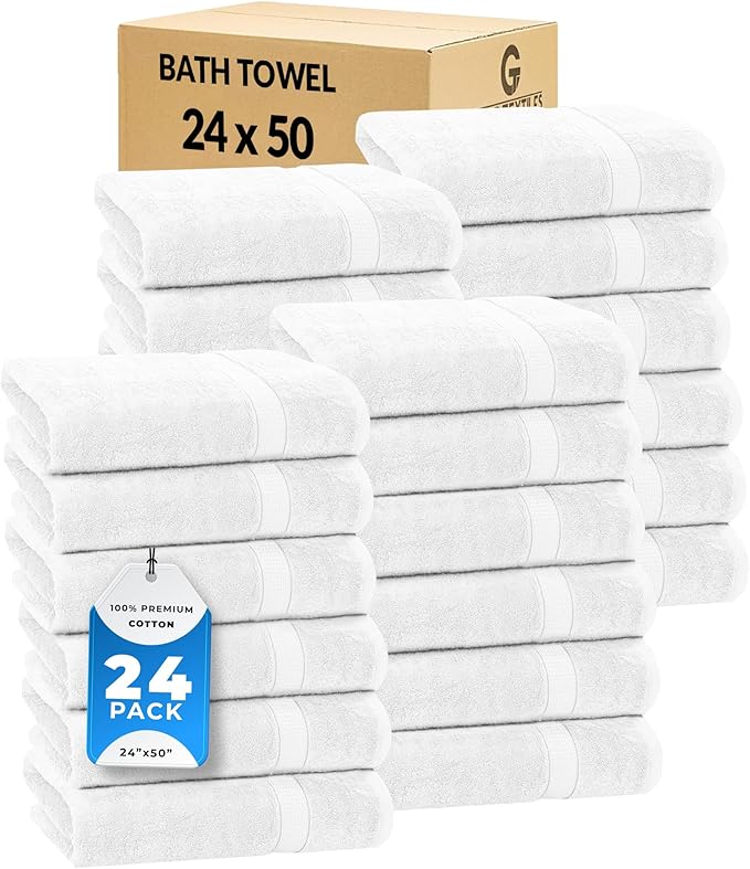 GOLD TEXTILES Premium White 100% Cotton Bath Towels Set (24 Pack, 24 x 50 Inch) High Absorbency Multipurpose Quick Drying Pool Gym Hotel Spa Bath Towel (24, White)