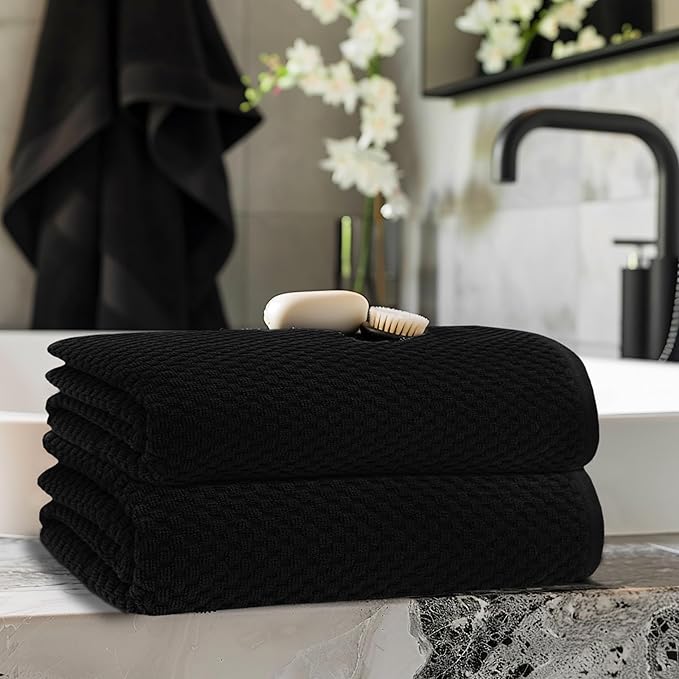 COTTON CRAFT Waffle Bath Sheets - Set of 2 Luxury Euro Spa Waffle Weave Bath Sheet Towels - 100% Ringspun Cotton Bath Sheet - Absorbent Quick Dry Bath Towel Sheet - Oversized 35 x 70 inches - Black