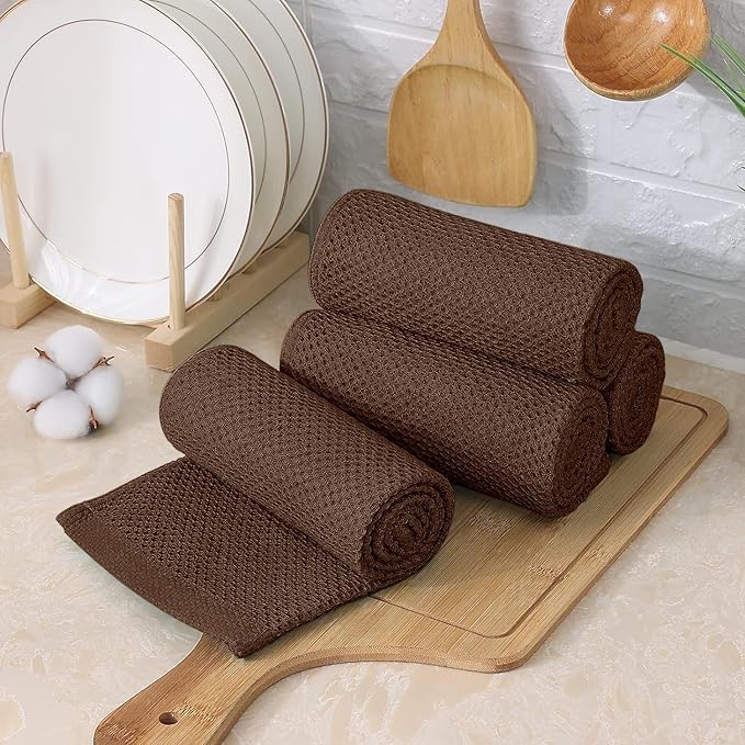 Kitinjoy 100% Cotton Kitchen Towels and Dishcloths Set, 8 Pack-13" x 28" and 12" x 12" Waffle Weave Dish Towels, Ultra Soft Absorbent Quick Drying Dish Rags, Coffee