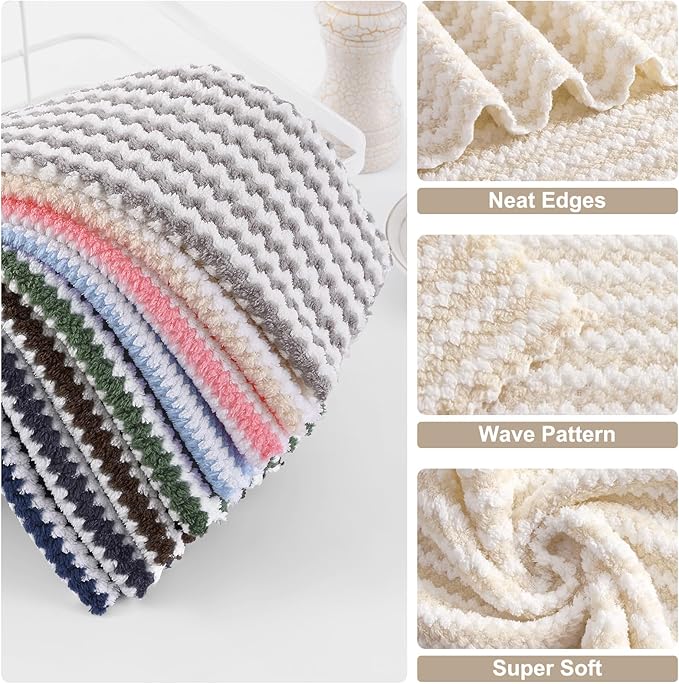 Homaxy 12 Pack Kitchen Dish Cloths, Ultra Soft and Absorbent Dish Towels, Reusable Fast Drying Microfiber Cleaning Cloth, Coral Velvet Wave Design No-lint, 7 x 9 inches, Beige