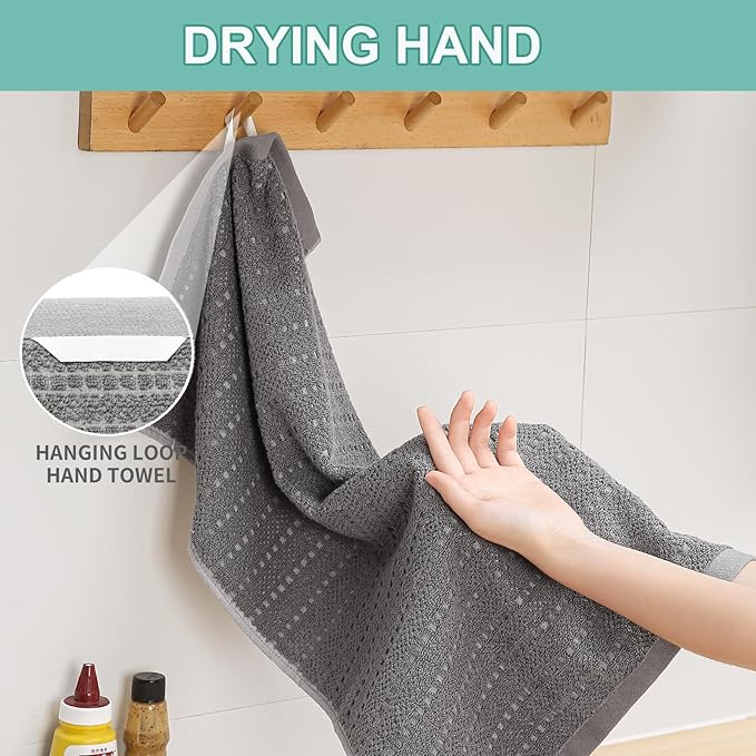 SALAS Kitchen Dish Towels, Bulk Cotton Kitchen Hand Towels, 390 GMS Plaid Dish Cloths Rags for Drying Dishes with Hanging Loop, 16‘’ x 26‘’, 3 Packs, Grey
