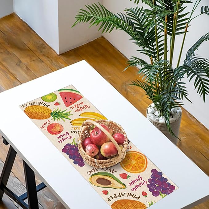 Watercolor Fruit Table Runner, Watermelon Pineapple Banana Orange Kitchen Dining Table Decoration, Spring Summer Grapes Kiwi Avocado Burlap Indoor Outdoor Home Decor Party Supply 13 x 48 Inches