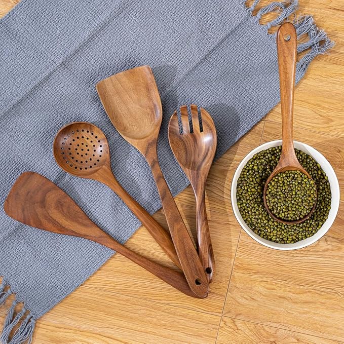 Wood Utensils Set for Cooking, Teak Wooden Utensils Set Wood Spatula for Nonstick Cookware Kitchen Utensils Set 5