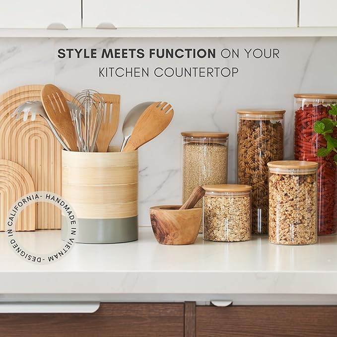 Handcrafted Bamboo Kitchen Utensil Organizer, Modern Countertop Holder, Large Capacity