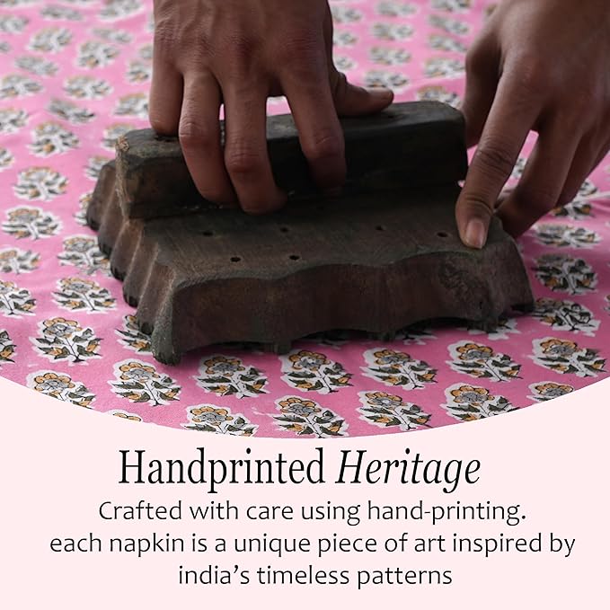 CPC Poppy Pink Indian Block Print Cotton Cloth Napkins Set of 4, 18x18 Reusable Everyday Napkins, Soft, Absorbent, Floral Dinner Napkin, Holiday, Party Gift, Spring,Mother's Day
