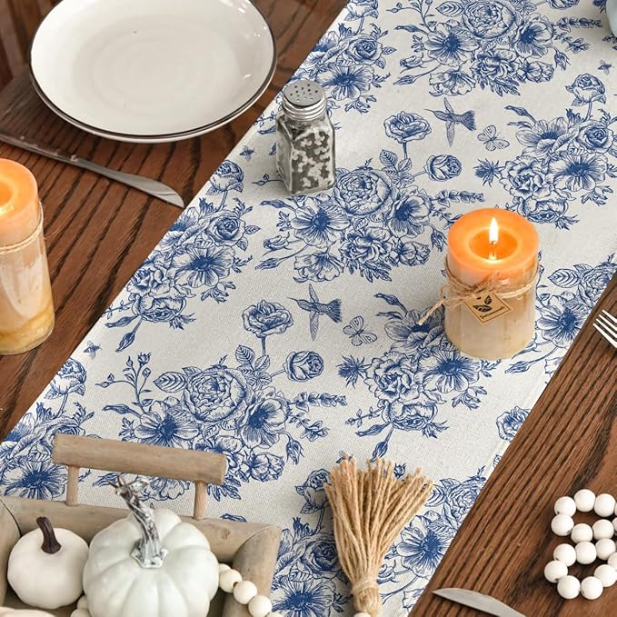 Artoid Mode Spring Beige Blue Floral Chinoiserie Table Runner, Seasonal Summer Kitchen Dining Table Decoration for Home Party Decor 13x36 Inch