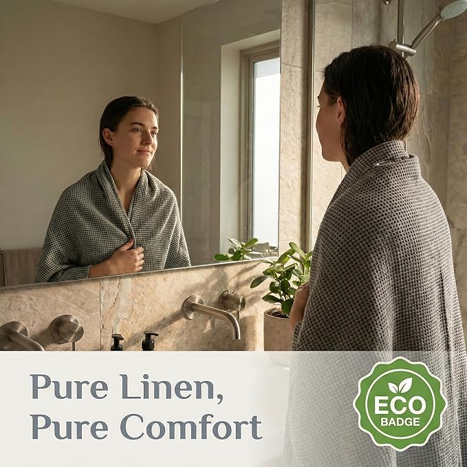 Pure 100% Linen Bath Towel - Quick Dry Towels for Travel Lightweight Waffle Towels for Bathroom 30 x 60-inch - Luxury Black-Natural Thin Hair Towel for Gym or Sauna - Sustainable Bath Sheet
