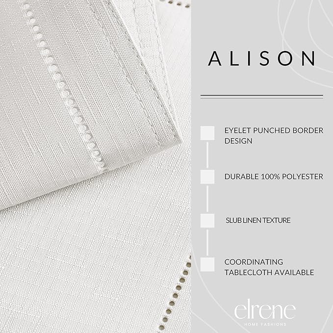 Elrene Home Fashions Alison Eyelet Border Design Cloth Wrinkle Resistant Fabric Dinner Napkin, Set of 4, 17"x17", White