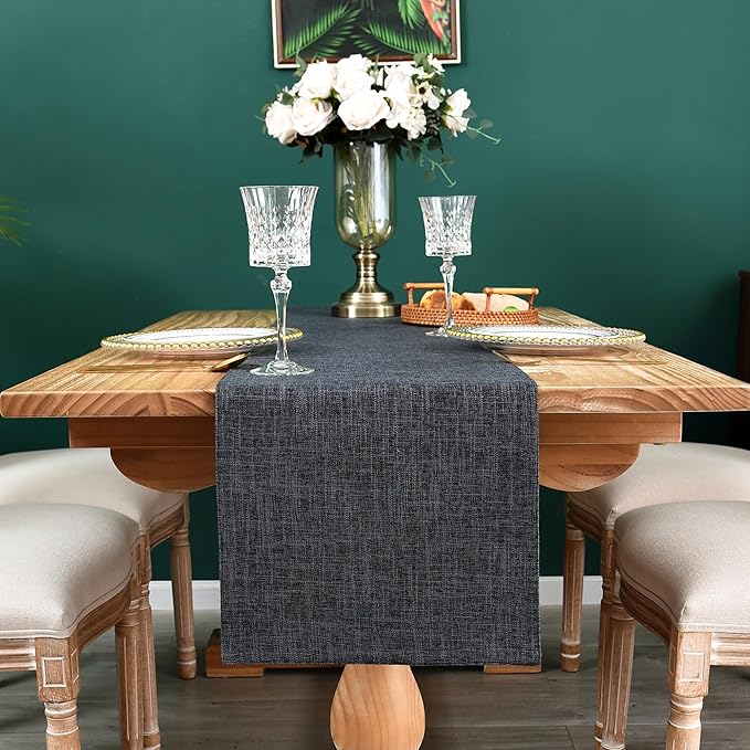 Farmhouse Rustic Faux Linen Table Runner Neutral Charcoal Table Runners Double Layer Reversible Rectangle Runners for Daily Use Kitchen Dining Banquet Holiday 13x48 Inch