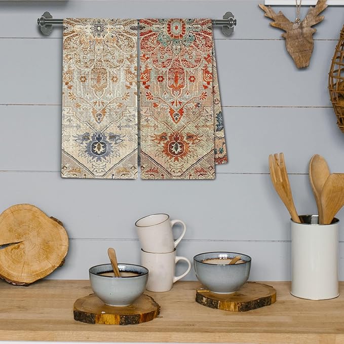 Vintage Oriental Floral Kitchen Towels, Boho Dish Towels Drying Cloth for Kitchen, Antique Boho Abstract Flower Decorative Hand Towel for Bathroom, 16x24 Inch Set of 2