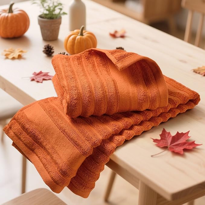 Jacquotha Orange Hand Towels Set of 2 - Ribbed Bathroom Towels Fall Decor, Daily Use & Autumn Gatherings, 13x29 Inches