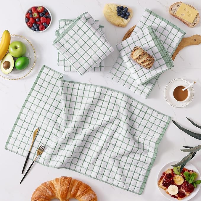 Homaxy Premium Kitchen Towels(16”x 28”, 8 Pack), Large Ring Spun Cotton Dish Towels, Super Absorbent Soft Terry Kitchen Hand Towels, Check Design Tea Towel Set with Hanging Loop, Grass Green