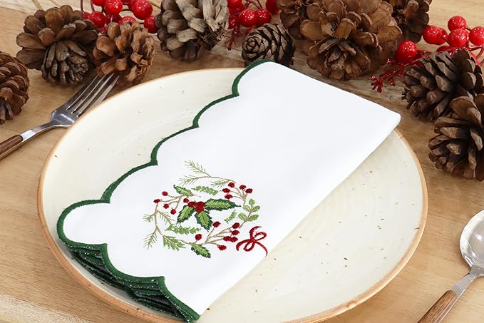 PurpleEssences Scalloped Embroidery Cloth Napkins - Spring Easter Summer - Table Decor - 100% Cotton - Set of 4-18x18 inch - White - Edges - Forest Green - Christmas Wreath