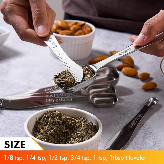 Rainspire Heavy Duty Measuring Spoons Set Stainless Steel, Metal Measuring Cups and Spoons Set for Dry or Liquid, Fits in Spice Jar, Home Gadgets Kitchen Gadgets, Set of 7 Including Leveler