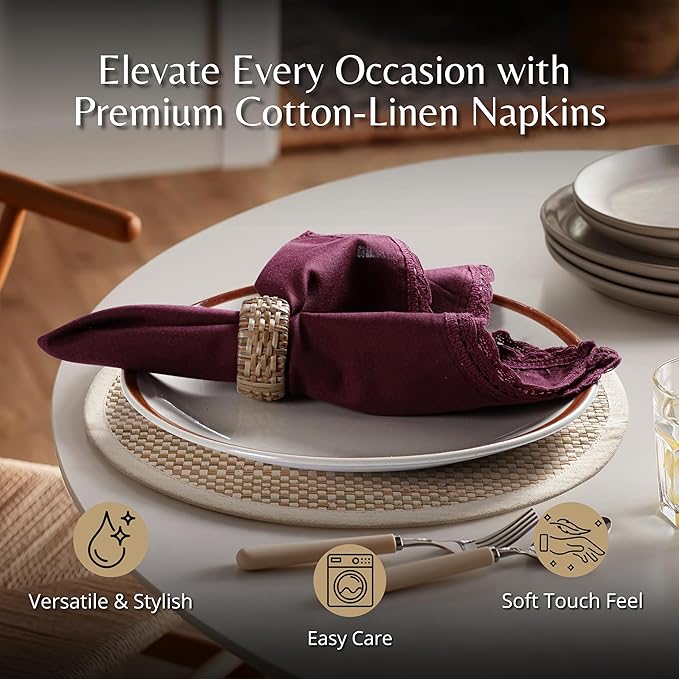 Ramanta Home Linen Flax Cloth Napkins Set of 12 Burgundy, 18x18 Inch | Easter Premium Cotton Linen Flax Lace Soft & Durable | Washable Ideal for Spring Basket Décor, Wedding, Kitchen, Everyday Use