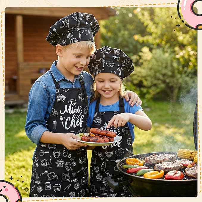 Kids Apron and Chef Hat Set, Funny Apron with 2 Pockets, Adjustable Kids Aprons for Cooking for Boys and Girls