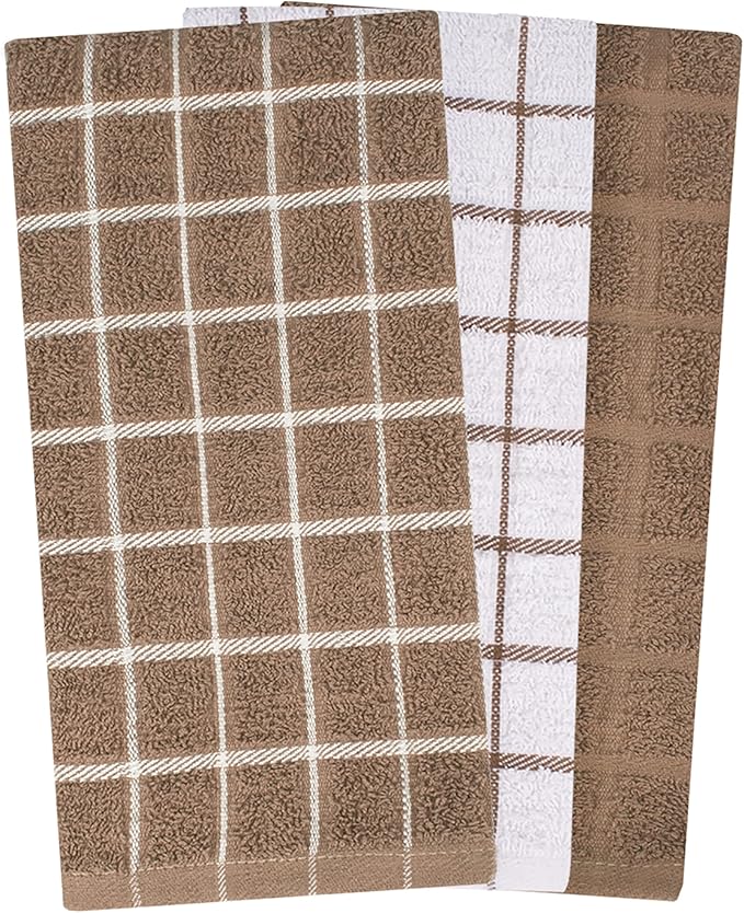 Ritz Terry Check Kitchen Towels: Highly Absorbent & Super Soft, 25" x 15" - 100% Cotton, Durable Kitchen Cleaning Cloths for Wiping Tables and Counters, 3-Pack, Mocha