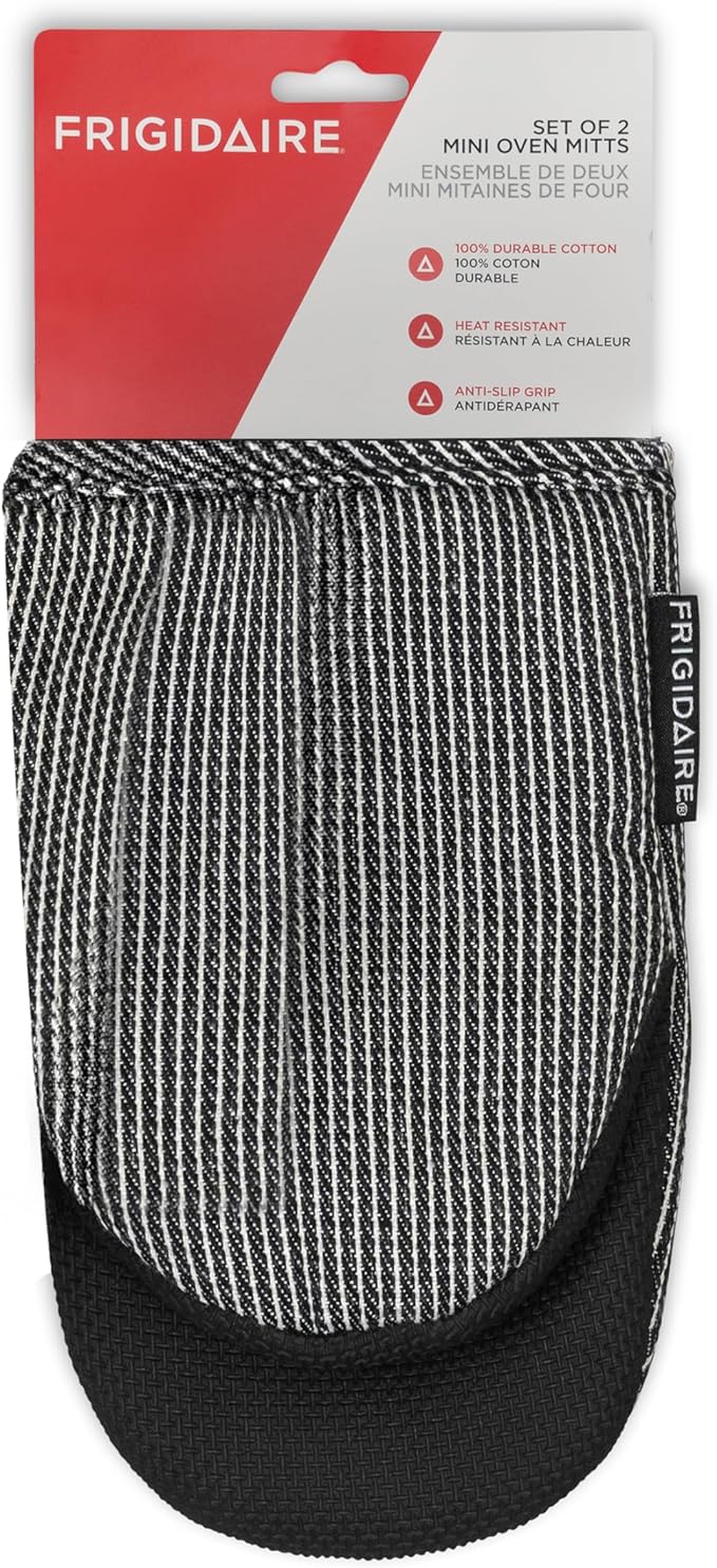 Frigidaire Layla 2-Pack Cotton and Neoprene Mini Oven Mitts, Heat Resistant, Anti-Slip, Machine Washable, 5.25" x 8", Black, Set of 2