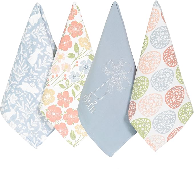 Ritz 100% Cotton Kitchen Towels, Easter Bunny Floral – 16"x26" – Absorbent Dish Towels for Drying & Cleaning – Soft & Durable (Set of 4)