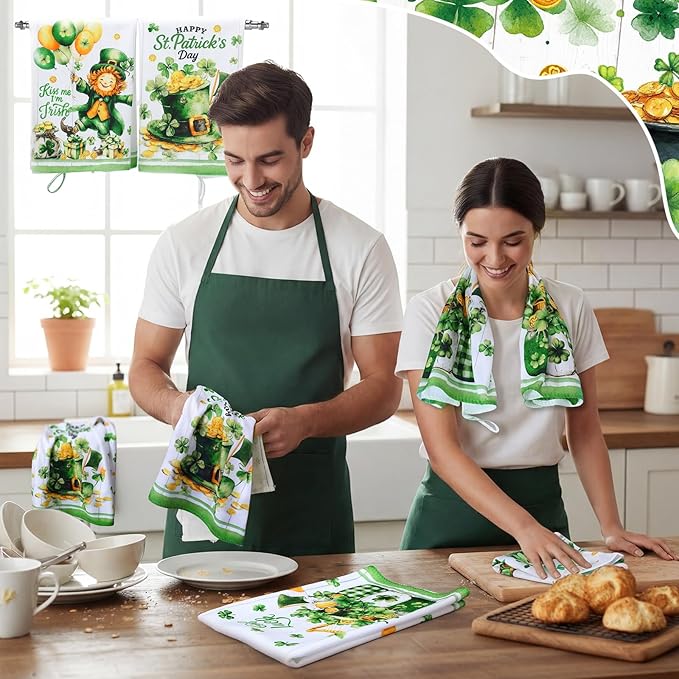 Breling Set of 6 St. Patrick's Day Kitchen Towels Shamrock Green Dish Towel Bathroom Decorative Cloths for Irish Decoration Kitchen Bathroom Home Cooking Housewarming Gifts, 14 x 21 Inch