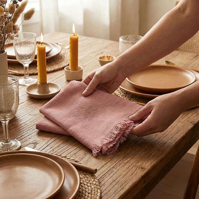 ACCENTHOME Blush Cotton Linen Napkin Set of 6 18x18 inch Dinner Napkins - Washable Soft Premium Hotel Quality Reusable Napkins Perfect Table Napkins for Family Dinners, Weddings & Everyday Use